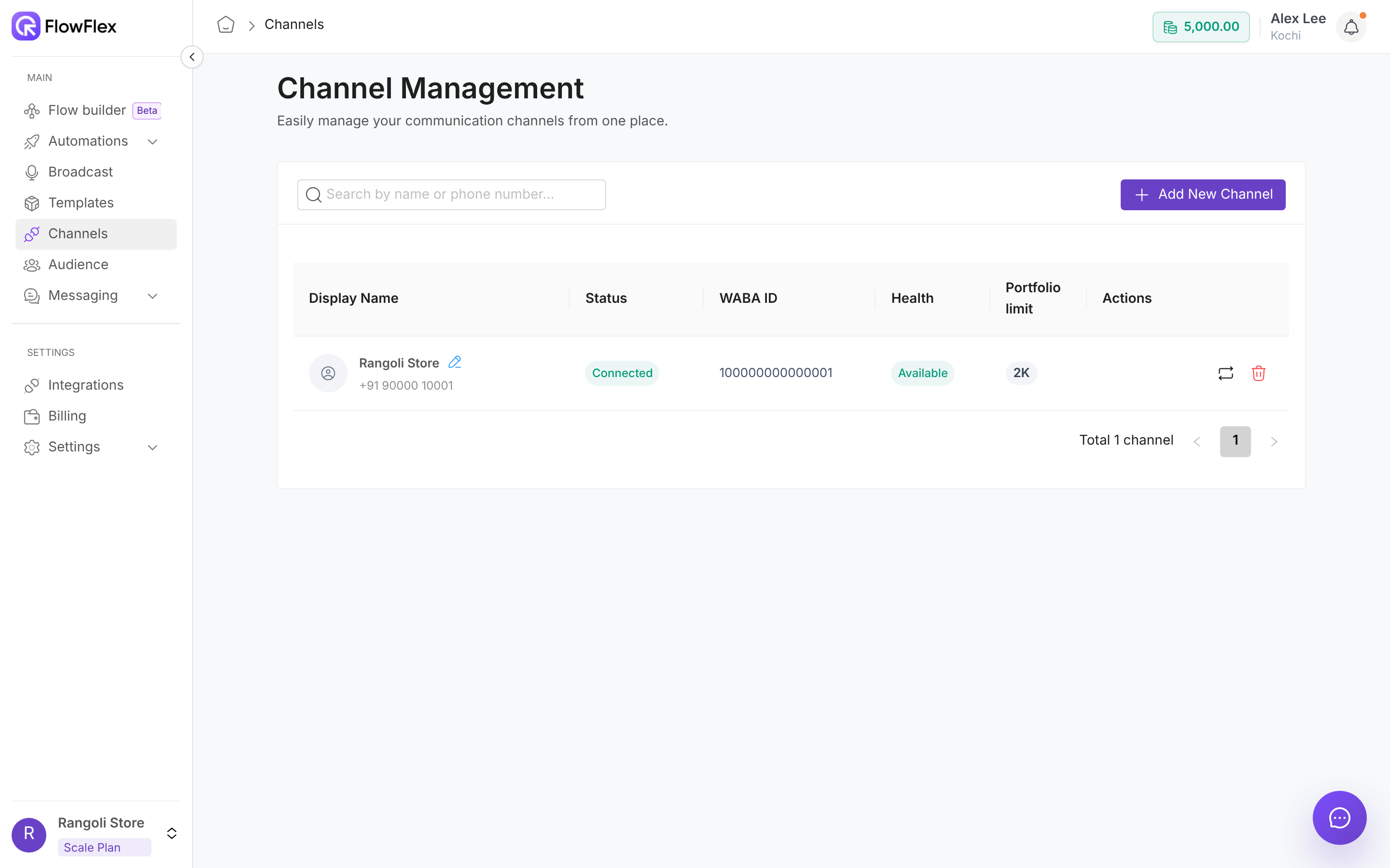 Channel Management table showing the Rangoli Store WhatsApp number as Connected, with its WABA ID, Available health and a 2K portfolio limit