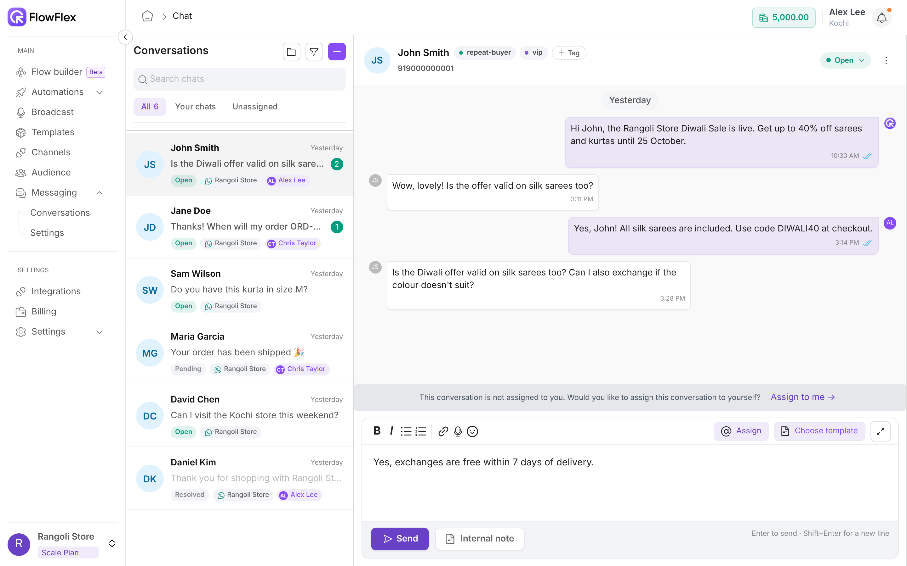 John Smith's open chat about the Diwali sale, with his tags at the top and a reply about free exchanges typed in the message box
