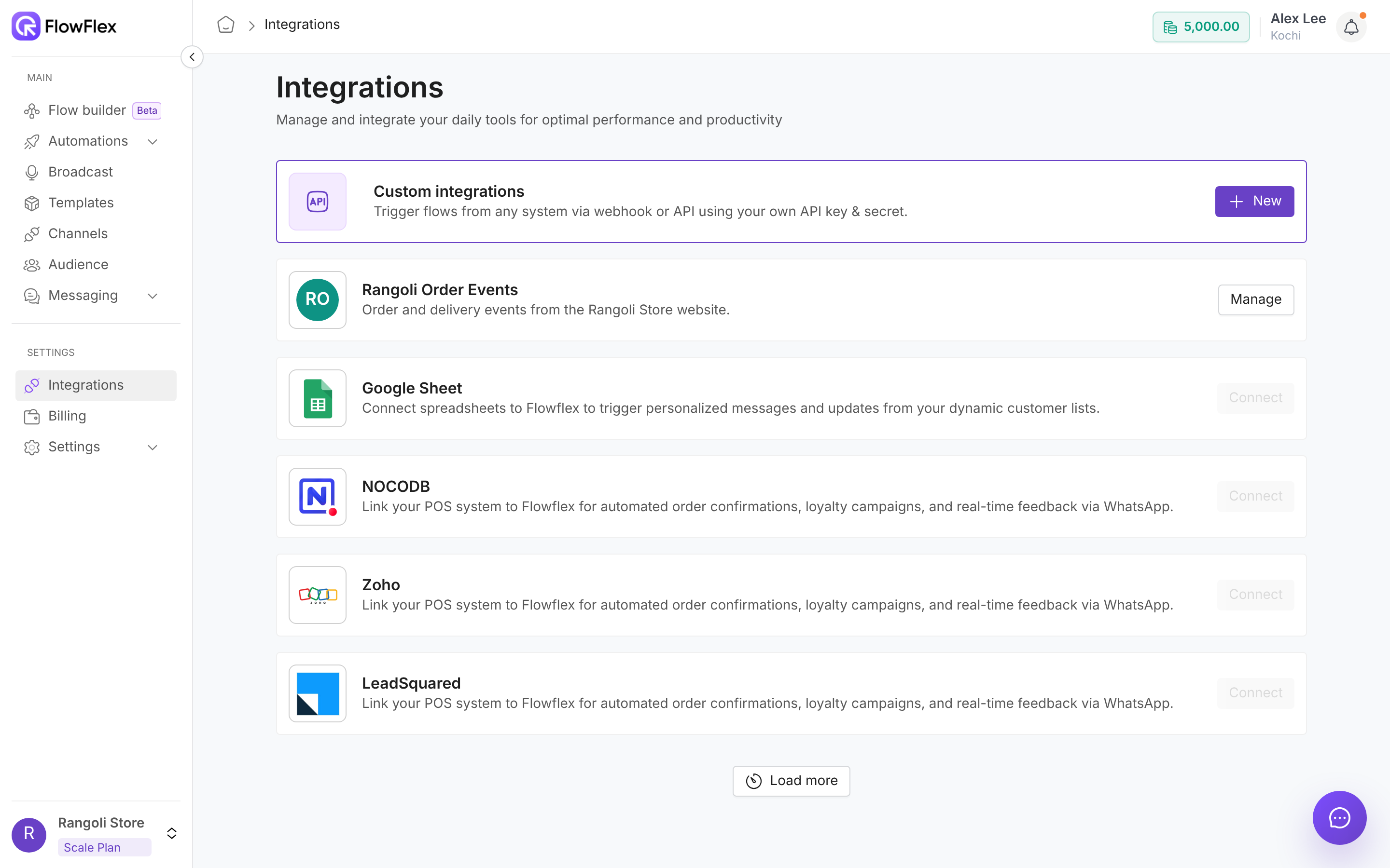 Integrations page with the Custom integrations card, the Rangoli Order Events integration and apps such as Google Sheet, NocoDB, Zoho and LeadSquared