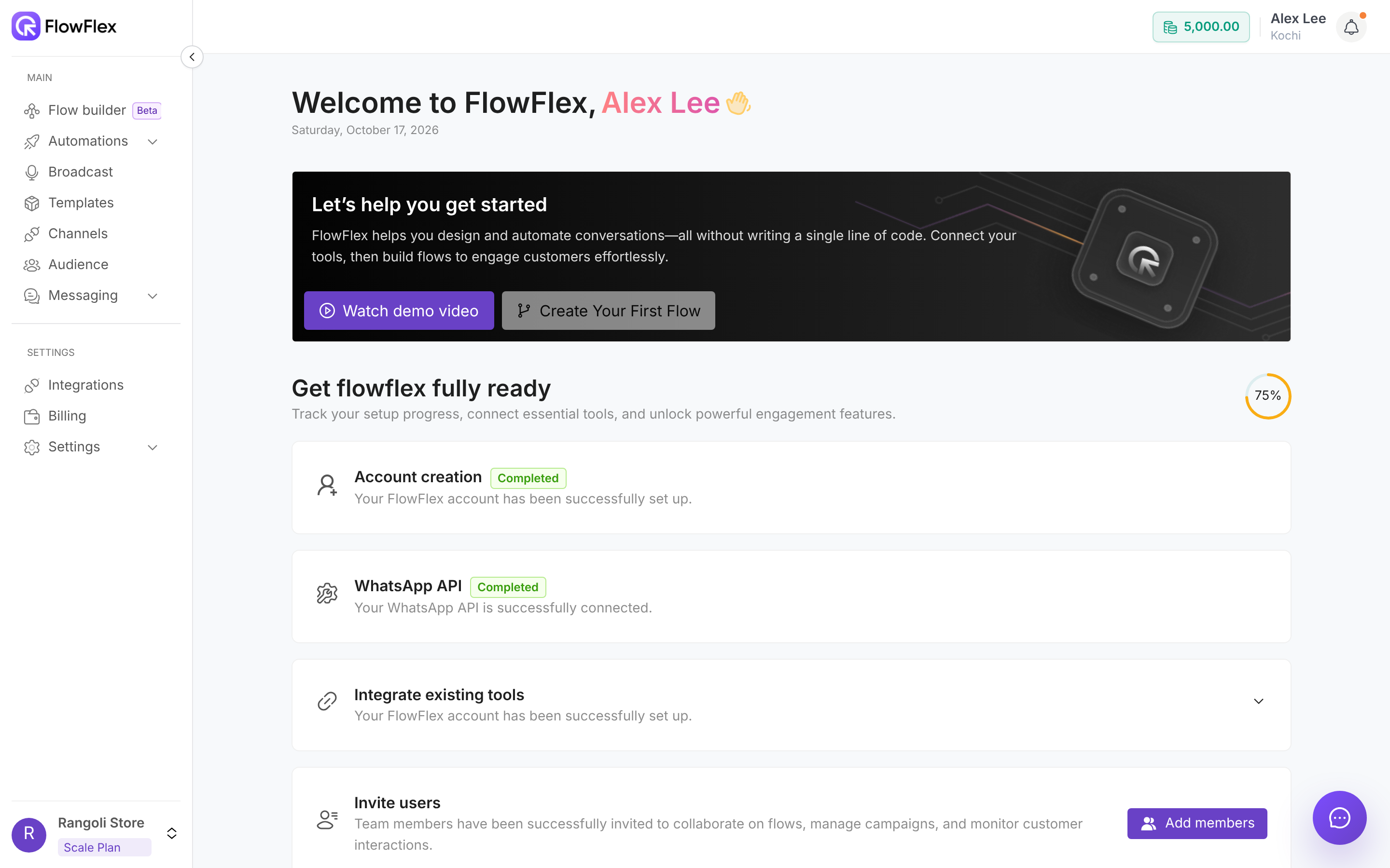 FlowFlex home page with the main sidebar, wallet balance and user in the top bar, a get-started banner and a setup checklist at 75%