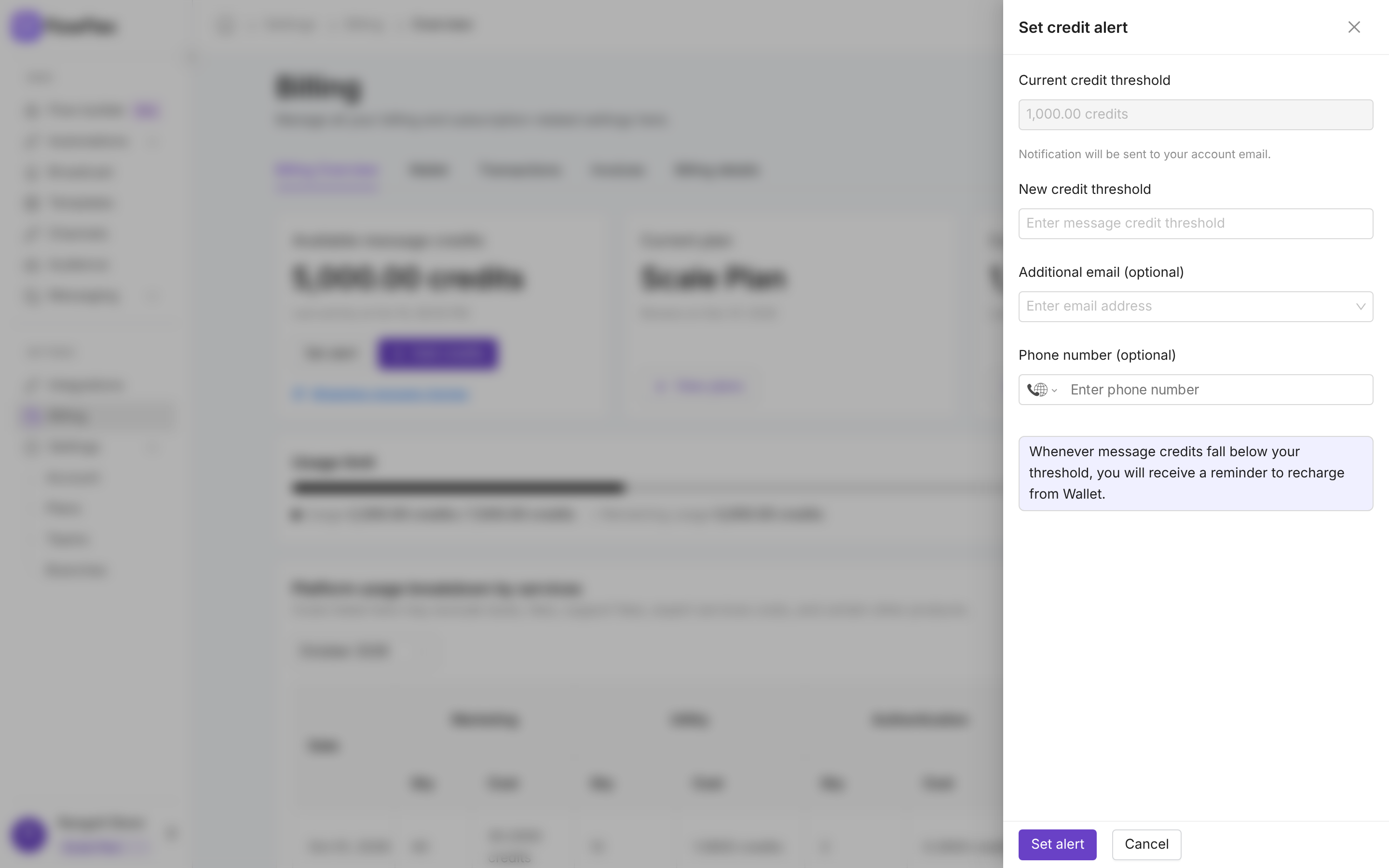 Set credit alert drawer with the current threshold of 1,000 credits and fields for a new threshold, an extra email and a phone number